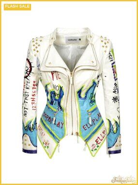 Faux Leather Graffiti Studded Moto Jacket PU Coat